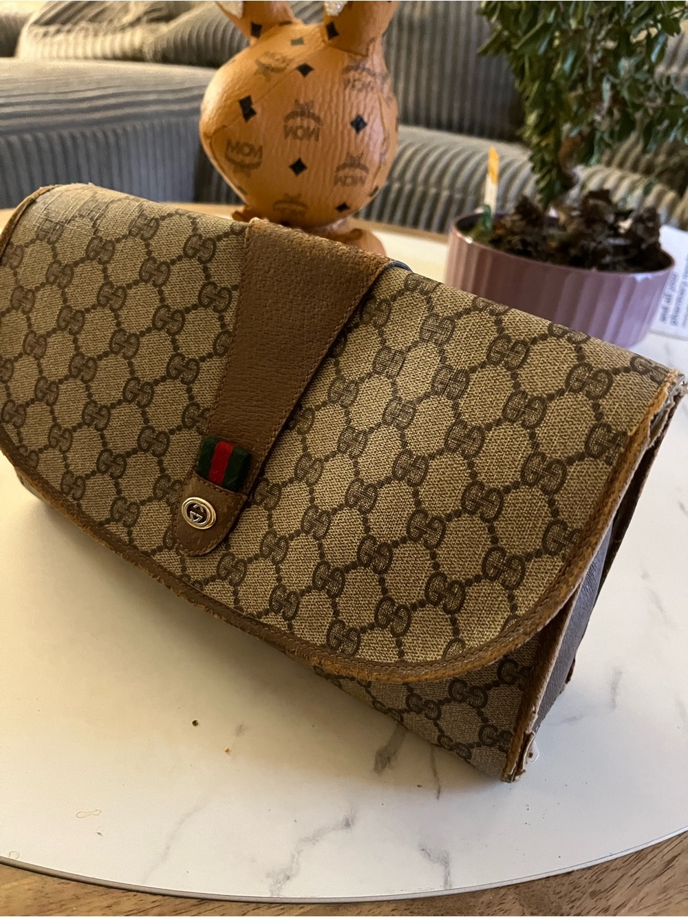 Gucci Brown Monogram Canvas Clutch with Web Stripe - Picture 1 of 16